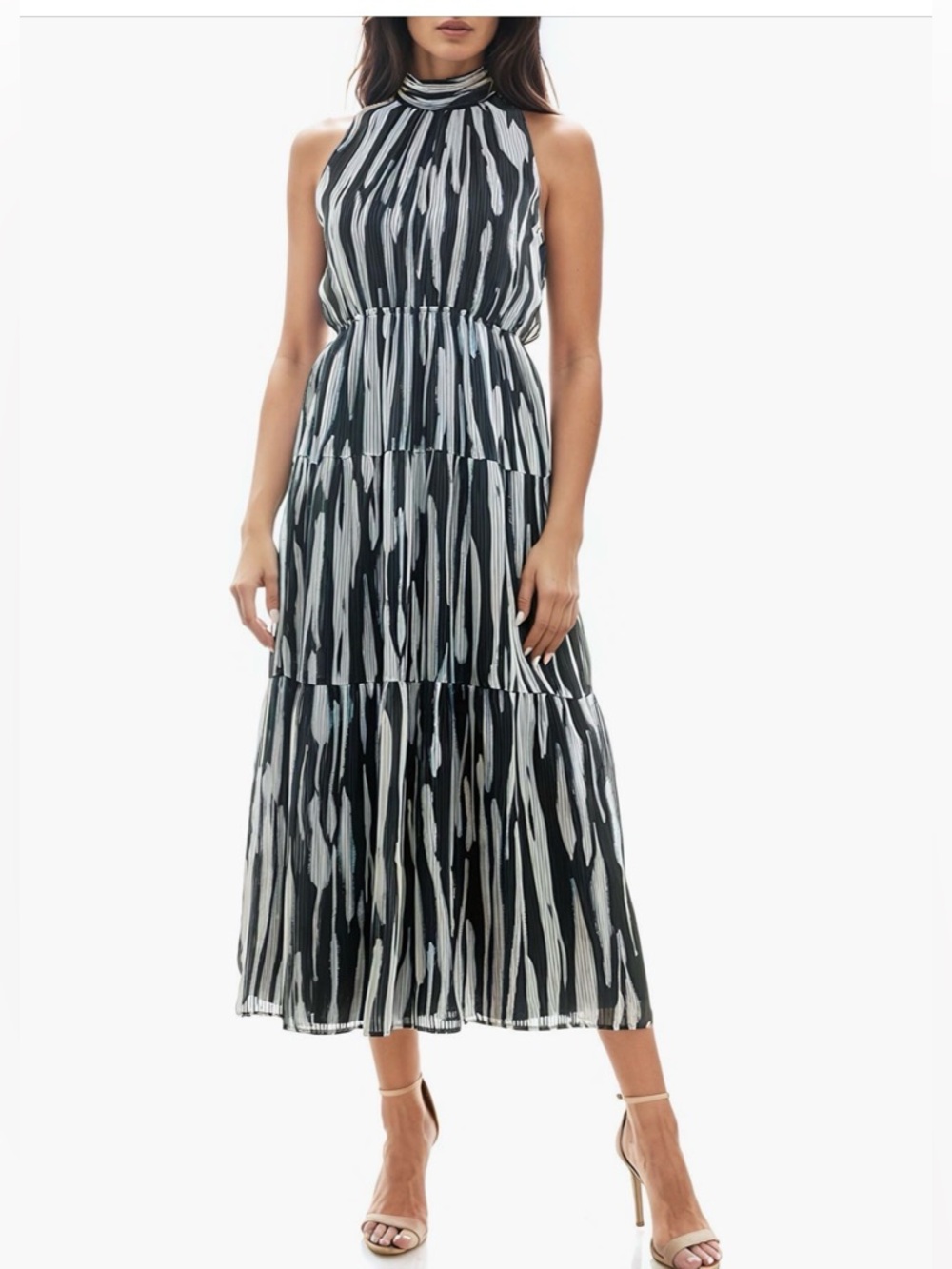 Socialite Mock Neck Halter‎ Midi Dress Abstract Print Tiered Chiffon M